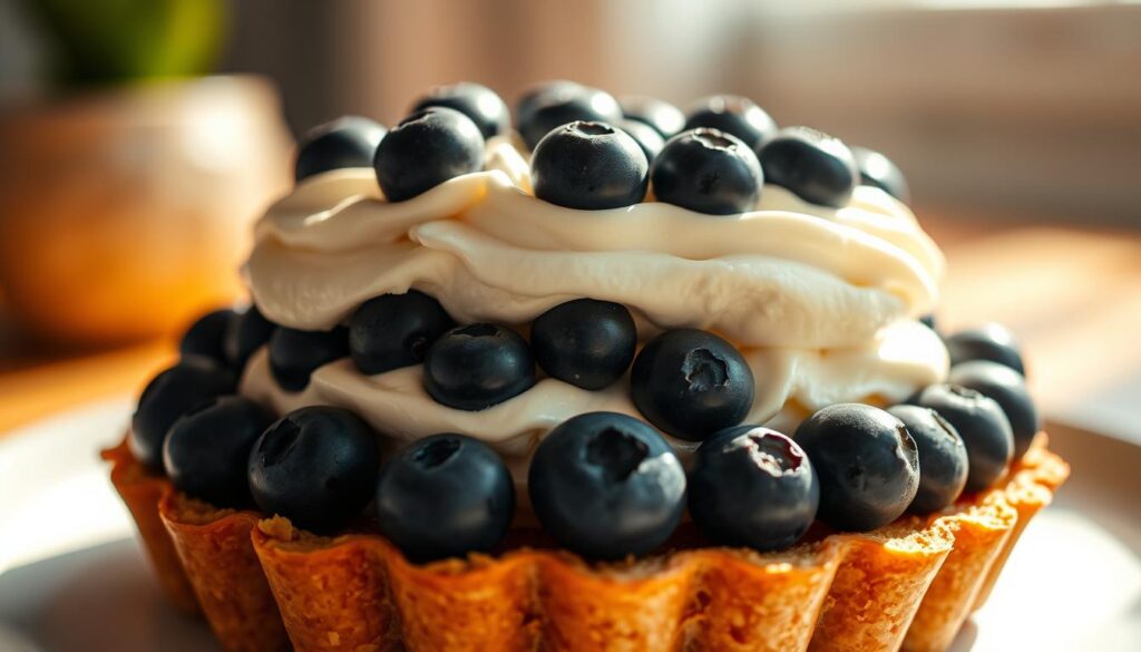A beautifully crafted blueberry dessert with a creamy filling, sitting atop a golden brown crust, bathed in a soft, warm light. The blueberries glisten, their deep indigo hues contrasting delicately with the pale, velvety cream cheese. The scene is captured from a low angle, highlighting the tempting layers and inviting the viewer to indulge. The atmosphere is cozy and homey, evoking a sense of comfort and indulgence. Subtle shadows add depth and dimension, while a shallow depth of field keeps the focus on the sumptuous dessert.