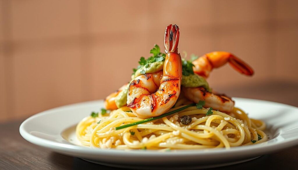 A beautifully-lit, gourmet-style keto shrimp dinner, featuring juicy, seared shrimp atop a bed of zucchini noodles or cauliflower rice, garnished with fresh herbs and a drizzle of creamy avocado sauce. The scene is set against a clean, minimalist backdrop, with a shallow depth of field that puts the enticing dish in sharp focus. Soft, warm lighting casts a rich, appetizing glow, creating an inviting, high-end restaurant atmosphere. The overall mood is one of healthy, indulgent sophistication - a delicious, keto-friendly meal fit for a special occasion. A beautifully-lit, gourmet-style keto shrimp dinner, featuring juicy, seared shrimp atop a bed of zucchini noodles or cauliflower rice, garnished with fresh herbs and a drizzle of creamy avocado sauce. The scene is set against a clean, minimalist backdrop, with a shallow depth of field that puts the enticing dish in sharp focus. Soft, warm lighting casts a rich, appetizing glow, creating an inviting, high-end restaurant atmosphere. The overall mood is one of healthy, indulgent sophistication - a delicious, keto-friendly meal fit for a special occasion.