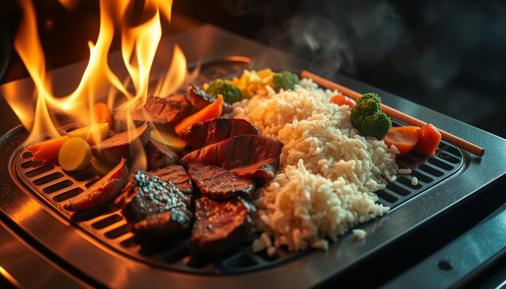 A beautifully lit high-angle shot of a traditional hibachi grill with a sizzling array of premium steak, fried rice, and fresh vegetables. The grill's polished metal surface reflects the warm flames, casting a dramatic chiaroscuro effect. Slices of tender beef sear atop the hot griddle, ribbons of smoke swirling around. Vibrant carrots, broccoli, and bean sprouts mingle with fluffy, golden fried rice, creating a visually stunning and mouthwatering scene. The background is softly blurred, focusing the viewer's attention on the captivating performance of the skilled hibachi chef.