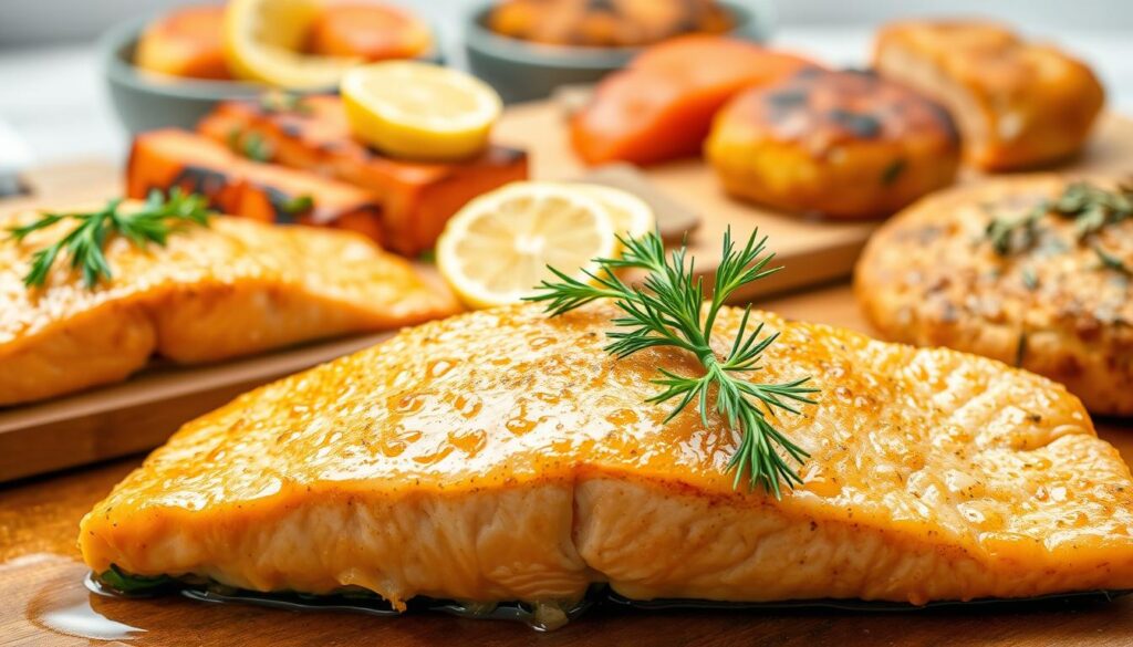A beautifully lit, high-resolution close-up photograph of a variety of gourmet salmon oven recipes. In the foreground, a freshly baked salmon fillet glistens with a golden garlic-butter glaze, garnished with sprigs of fresh dill. In the middle ground, roasted salmon skewers with lemon wedges and herbs sit on a rustic wooden board. The background features an assortment of other salmon dishes, such as a salmon en croute and salmon cakes, all against a soft, neutral backdrop that emphasizes the vibrant colors and textures of the food. The lighting is warm and inviting, creating a cozy, appetizing atmosphere perfect for a weeknight dinner. A beautifully lit, high-resolution close-up photograph of a variety of gourmet salmon oven recipes. In the foreground, a freshly baked salmon fillet glistens with a golden garlic-butter glaze, garnished with sprigs of fresh dill. In the middle ground, roasted salmon skewers with lemon wedges and herbs sit on a rustic wooden board. The background features an assortment of other salmon dishes, such as a salmon en croute and salmon cakes, all against a soft, neutral backdrop that emphasizes the vibrant colors and textures of the food. The lighting is warm and inviting, creating a cozy, appetizing atmosphere perfect for a weeknight dinner.