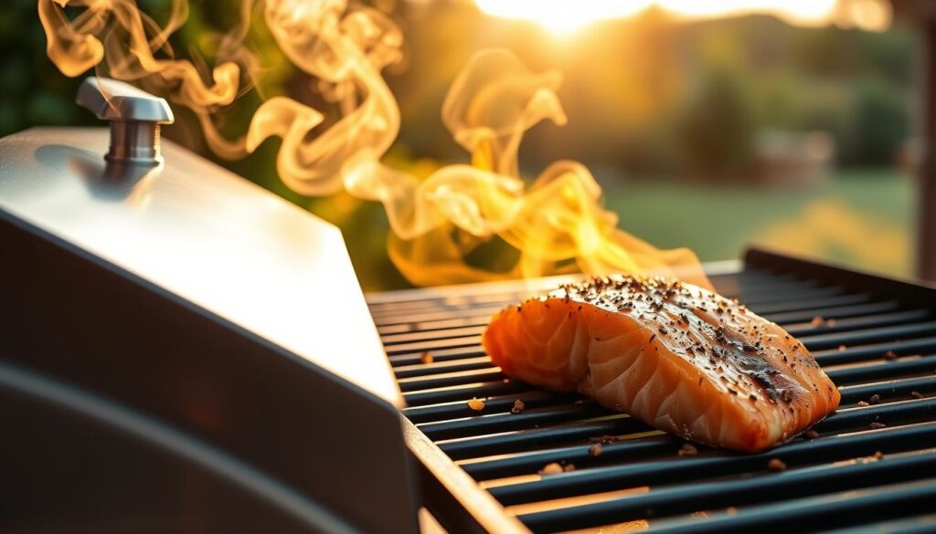A beautifully lit, high-resolution photograph showcasing the advantages of pellet grills. In the foreground, a sleek, stainless-steel pellet grill emits appetizing wisps of fragrant smoke. The midground features a succulent salmon fillet, expertly seasoned and sizzling on the grate, with a tempting char. The background depicts a tranquil outdoor setting, with lush greenery and a warm, golden-hour glow illuminating the scene. The image conveys the ease, precision, and exceptional results of using a pellet grill for smoking salmon, perfectly capturing the essence of the section "Why Choose a Pellet Grill for Smoking Salmon".
