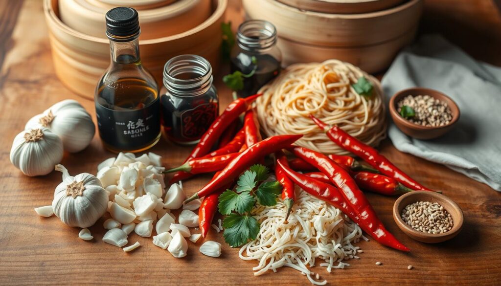 A beautifully lit overhead shot of a wooden table displaying the essential ingredients for garlic chili oil noodles. In the foreground, freshly minced garlic, vibrant red chilies, and a bottle of fragrant sesame oil. In the middle ground, a pile of dried Chinese noodles, a jar of soy sauce, and a small dish of toasted sesame seeds. In the background, a bamboo steamer and a sprig of fresh cilantro add warmth and texture to the scene. The lighting is soft and natural, casting gentle shadows and highlighting the rich colors of the ingredients. The overall mood is one of rustic simplicity and culinary exploration. A beautifully lit overhead shot of a wooden table displaying the essential ingredients for garlic chili oil noodles. In the foreground, freshly minced garlic, vibrant red chilies, and a bottle of fragrant sesame oil. In the middle ground, a pile of dried Chinese noodles, a jar of soy sauce, and a small dish of toasted sesame seeds. In the background, a bamboo steamer and a sprig of fresh cilantro add warmth and texture to the scene. The lighting is soft and natural, casting gentle shadows and highlighting the rich colors of the ingredients. The overall mood is one of rustic simplicity and culinary exploration.