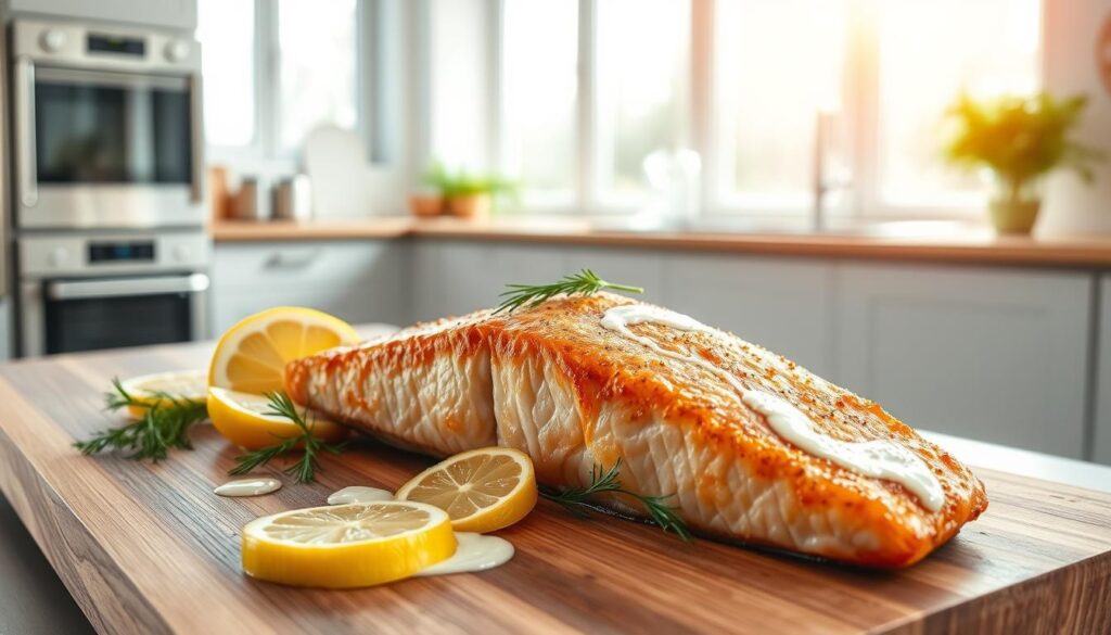 A beautifully lit scene of a freshly baked salmon fillet, glistening with a golden-brown crust, resting on a wooden cutting board. The salmon is surrounded by an array of fresh lemon slices, sprigs of dill, and a drizzle of creamy sauce. In the background, a minimalist kitchen counter with stainless steel appliances and natural light streaming in through large windows, creating a warm and inviting atmosphere. The composition emphasizes the simplicity and elegance of the oven-roasted salmon, highlighting its delicious appearance and the care taken in its preparation.