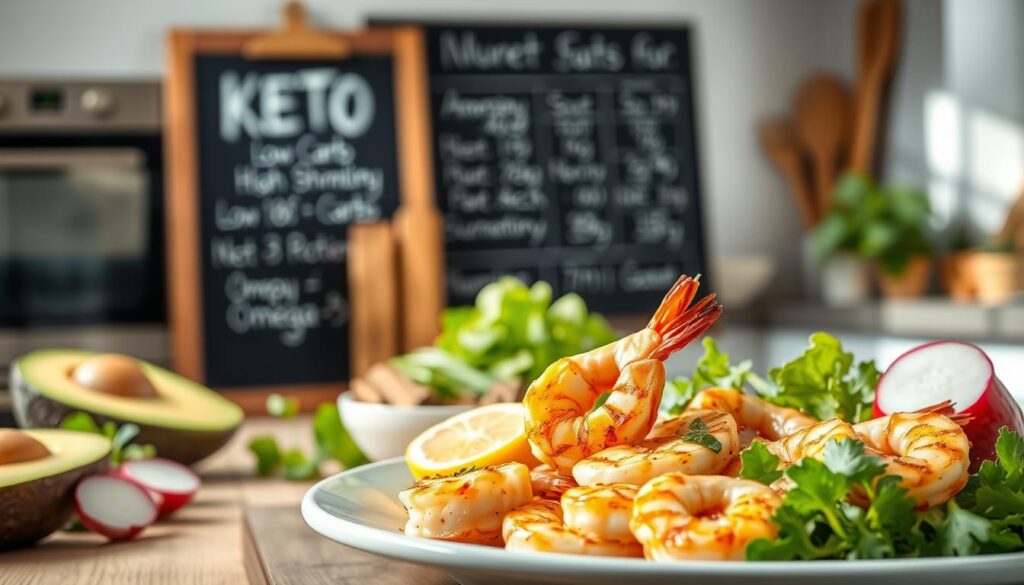 A beautifully lit studio photograph showcasing the benefits of incorporating shrimp into a keto diet. In the foreground, a plate of grilled shrimp sizzles, glistening with lemon and garlic. Surrounding it, an arrangement of keto-friendly ingredients - avocado, leafy greens, and sliced radish - highlighting shrimp's nutrient density and versatility. The middle ground features a chalkboard with key nutritional facts, emphasizing shrimp's high protein, low carb content, and abundance of omega-3 fatty acids. In the soft, out-of-focus background, a minimalist kitchen scene with natural light streaming in, creating a calming, appetizing atmosphere. A beautifully lit studio photograph showcasing the benefits of incorporating shrimp into a keto diet. In the foreground, a plate of grilled shrimp sizzles, glistening with lemon and garlic. Surrounding it, an arrangement of keto-friendly ingredients - avocado, leafy greens, and sliced radish - highlighting shrimp's nutrient density and versatility. The middle ground features a chalkboard with key nutritional facts, emphasizing shrimp's high protein, low carb content, and abundance of omega-3 fatty acids. In the soft, out-of-focus background, a minimalist kitchen scene with natural light streaming in, creating a calming, appetizing atmosphere.