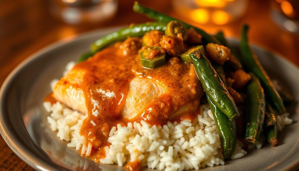 A beautifully plated dish of pan-seared salmon fillet, adorned with a rich, creamy Cajun-inspired sauce, resting on a bed of fragrant, steaming white rice. The salmon's delicate pink hue contrasts with the vibrant green of sautéed okra and bell peppers, creating a visually striking and appetizing composition. Warm, amber lighting casts a soft glow, accentuating the dish's velvety textures and highlighting the intricate details of the presentation. The scene evokes the lively, flavorful essence of New Orleans cuisine, inviting the viewer to savor the bold, harmonious blend of Cajun spices and fresh, succulent seafood. A beautifully plated dish of pan-seared salmon fillet, adorned with a rich, creamy Cajun-inspired sauce, resting on a bed of fragrant, steaming white rice. The salmon's delicate pink hue contrasts with the vibrant green of sautéed okra and bell peppers, creating a visually striking and appetizing composition. Warm, amber lighting casts a soft glow, accentuating the dish's velvety textures and highlighting the intricate details of the presentation. The scene evokes the lively, flavorful essence of New Orleans cuisine, inviting the viewer to savor the bold, harmonious blend of Cajun spices and fresh, succulent seafood.