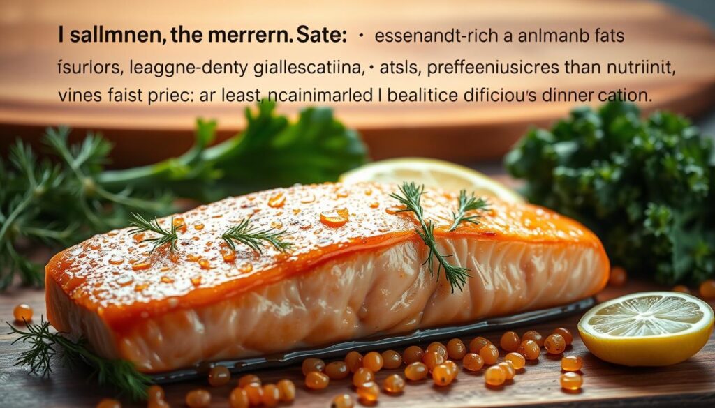 A beautifully rendered still life scene showcasing the health benefits of salmon. In the foreground, a succulent salmon fillet with a delicate honey glaze, garnished with fresh dill sprigs and a slice of lemon. The middle ground features a scattering of omega-3 rich salmon roe, as well as a few leaves of nutrient-dense kale. In the background, a wooden cutting board with text highlighting salmon's rich protein content, heart-healthy fats, and immune-boosting vitamins. The image is bathed in warm, natural lighting, creating a cozy, appetizing atmosphere that invites the viewer to savor this wholesome, delicious dinner option. A beautifully rendered still life scene showcasing the health benefits of salmon. In the foreground, a succulent salmon fillet with a delicate honey glaze, garnished with fresh dill sprigs and a slice of lemon. The middle ground features a scattering of omega-3 rich salmon roe, as well as a few leaves of nutrient-dense kale. In the background, a wooden cutting board with text highlighting salmon's rich protein content, heart-healthy fats, and immune-boosting vitamins. The image is bathed in warm, natural lighting, creating a cozy, appetizing atmosphere that invites the viewer to savor this wholesome, delicious dinner option.