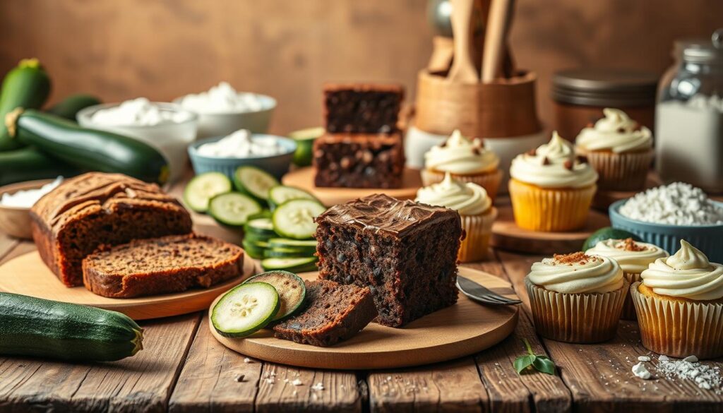 A beautifully styled, highly detailed still life arrangement of the best zucchini dessert recipes. In the foreground, an assortment of delectable zucchini-based treats, including moist zucchini bread, decadent zucchini brownies, and fluffy zucchini cupcakes, arranged on a rustic wooden table. The middle ground features a variety of fresh zucchini, sliced and whole, along with baking ingredients such as flour, sugar, and spices. The background is softly blurred, creating a focus on the delicious baked goods. The lighting is warm and inviting, casting a golden glow over the scene. The overall mood is cozy, comforting, and showcases the versatility of zucchini in sweet desserts. A beautifully styled, highly detailed still life arrangement of the best zucchini dessert recipes. In the foreground, an assortment of delectable zucchini-based treats, including moist zucchini bread, decadent zucchini brownies, and fluffy zucchini cupcakes, arranged on a rustic wooden table. The middle ground features a variety of fresh zucchini, sliced and whole, along with baking ingredients such as flour, sugar, and spices. The background is softly blurred, creating a focus on the delicious baked goods. The lighting is warm and inviting, casting a golden glow over the scene. The overall mood is cozy, comforting, and showcases the versatility of zucchini in sweet desserts.