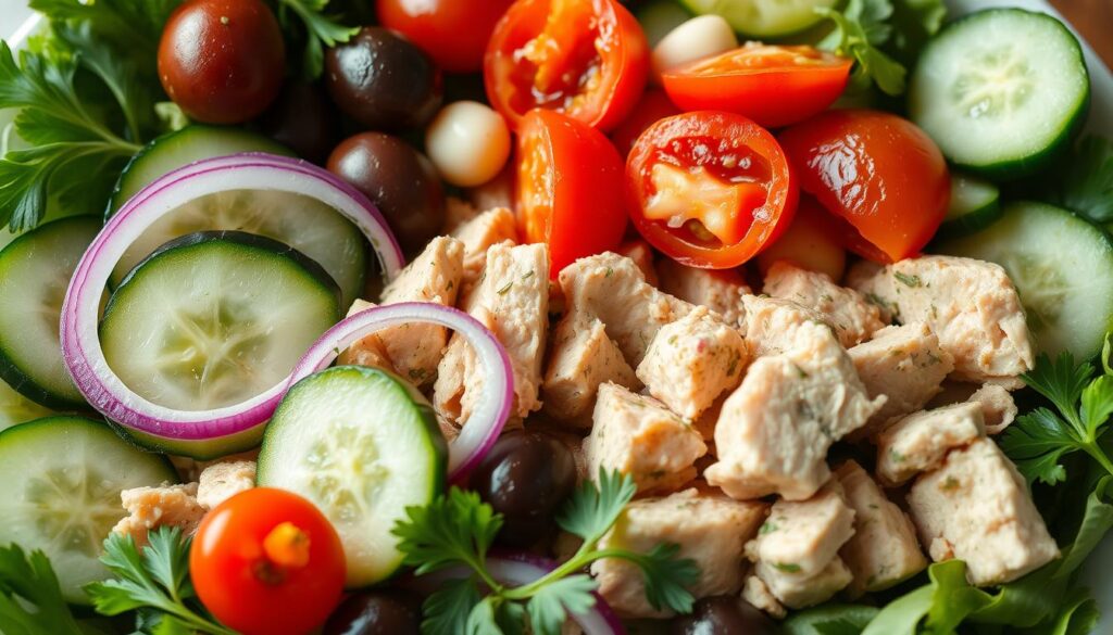 A bountiful arrangement of fresh ingredients in a Mediterranean-style tuna salad: vibrant cherry tomatoes, crisp cucumber slices, briny Kalamata olives, pungent red onion rings, and tender tuna chunks. The salad is dressed in a light, tangy vinaigrette, with a sprinkling of fragrant herbs like dill and parsley. The ingredients are beautifully layered, creating a visually appetizing and nutritious dish. Soft natural lighting illuminates the scene, highlighting the colors and textures of the salad. The overall scene conveys a sense of freshness, health, and the delicious benefits of a Mediterranean-inspired tuna salad. A bountiful arrangement of fresh ingredients in a Mediterranean-style tuna salad: vibrant cherry tomatoes, crisp cucumber slices, briny Kalamata olives, pungent red onion rings, and tender tuna chunks. The salad is dressed in a light, tangy vinaigrette, with a sprinkling of fragrant herbs like dill and parsley. The ingredients are beautifully layered, creating a visually appetizing and nutritious dish. Soft natural lighting illuminates the scene, highlighting the colors and textures of the salad. The overall scene conveys a sense of freshness, health, and the delicious benefits of a Mediterranean-inspired tuna salad.