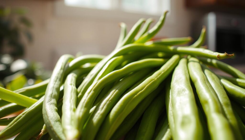 A bountiful arrangement of freshly harvested green beans, their vibrant green hues glistening under the warm, natural light of a sun-drenched kitchen. The beans, plump and crisp, are captured in a mid-ground close-up, their delicate textures and intricate veins accentuated by a shallow depth of field. In the background, a neutral, softly blurred backdrop complements the produce, allowing the viewer to focus on the beauty and quality of the beans. The overall mood is one of simplicity, freshness, and the anticipation of a home-cooked, flavorful dish. A bountiful arrangement of freshly harvested green beans, their vibrant green hues glistening under the warm, natural light of a sun-drenched kitchen. The beans, plump and crisp, are captured in a mid-ground close-up, their delicate textures and intricate veins accentuated by a shallow depth of field. In the background, a neutral, softly blurred backdrop complements the produce, allowing the viewer to focus on the beauty and quality of the beans. The overall mood is one of simplicity, freshness, and the anticipation of a home-cooked, flavorful dish.