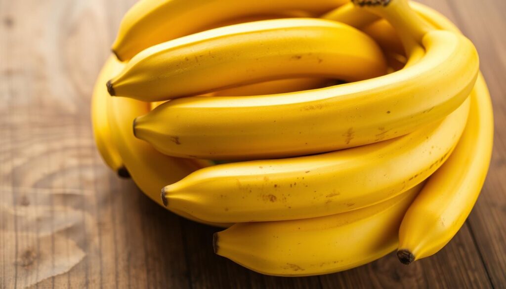 A bountiful arrangement of ripe, golden-yellow bananas, their skins subtly freckled and gently curving, resting atop a rustic wooden surface. The bananas are positioned in a visually appealing manner, highlighting their natural beauty and inviting the viewer to imagine their potential as a key ingredient in a delectable batch of homemade muffins. Soft, warm lighting casts a comforting glow, creating a cozy, kitchen-inspired atmosphere. The overall composition is clean, uncluttered, and focused solely on the star of the scene - the fresh, high-quality bananas ready to be transformed into a delicious baked treat.