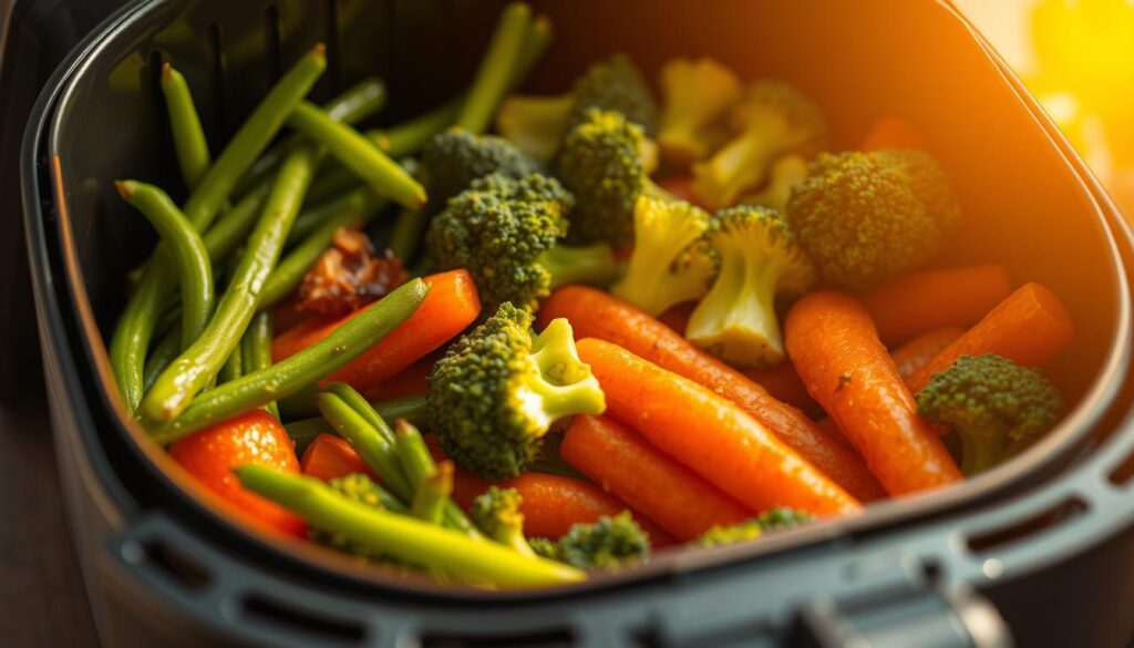 A bountiful assortment of fresh vegetables sizzling in an air fryer, casting a warm, golden glow. Crisp green beans, tender broccoli florets, and vibrant carrots arranged in a visually striking composition. The scene is bathed in soft, natural lighting, giving the vegetables a tempting, appetizing appearance. The air fryer's sleek, modern design sits prominently in the foreground, showcasing its efficiency and versatility. The overall mood is one of healthy, effortless cooking, inviting the viewer to appreciate the convenience and flavor of air-fried vegetables. A bountiful assortment of fresh vegetables sizzling in an air fryer, casting a warm, golden glow. Crisp green beans, tender broccoli florets, and vibrant carrots arranged in a visually striking composition. The scene is bathed in soft, natural lighting, giving the vegetables a tempting, appetizing appearance. The air fryer's sleek, modern design sits prominently in the foreground, showcasing its efficiency and versatility. The overall mood is one of healthy, effortless cooking, inviting the viewer to appreciate the convenience and flavor of air-fried vegetables.