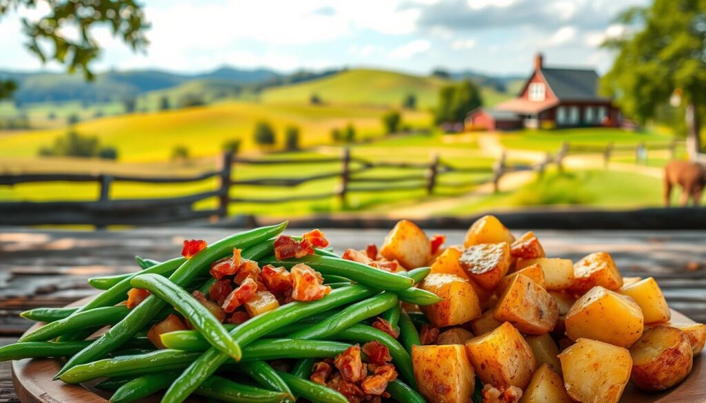 A bountiful country ranch scene showcasing a delectable dish of fresh green beans and russet potatoes. In the foreground, the beans and potatoes are neatly arranged, their vibrant green and earthy tones complemented by the warm, golden glow of bacon bits. The middle ground features a rustic wooden table, its weathered surface adding a touch of vintage charm. In the background, a scenic vista of rolling hills, verdant fields, and a quaint farmhouse bathed in soft, natural lighting. The overall atmosphere exudes a sense of homespun comfort and rural tranquility, inviting the viewer to savor the simple pleasures of this hearty, homemade country dish. A bountiful country ranch scene showcasing a delectable dish of fresh green beans and russet potatoes. In the foreground, the beans and potatoes are neatly arranged, their vibrant green and earthy tones complemented by the warm, golden glow of bacon bits. The middle ground features a rustic wooden table, its weathered surface adding a touch of vintage charm. In the background, a scenic vista of rolling hills, verdant fields, and a quaint farmhouse bathed in soft, natural lighting. The overall atmosphere exudes a sense of homespun comfort and rural tranquility, inviting the viewer to savor the simple pleasures of this hearty, homemade country dish.