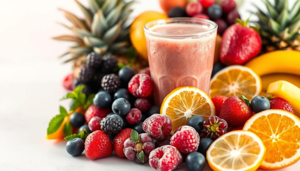 A bountiful display of colorful frozen fruits arranged in a visually appealing composition. The foreground features a selection of frozen berries, tropical fruits, and citrus slices, arranged in a natural, cascading layout. The middle ground showcases a smooth, creamy frozen smoothie, its vibrant hue complementing the surrounding fruits. The background depicts a clean, minimalist setting, bathed in warm, natural lighting that enhances the vivid colors and textures of the frozen produce. The overall mood is one of freshness, health, and the benefits of incorporating frozen fruits into a nutritious, on-the-go lifestyle. A bountiful display of colorful frozen fruits arranged in a visually appealing composition. The foreground features a selection of frozen berries, tropical fruits, and citrus slices, arranged in a natural, cascading layout. The middle ground showcases a smooth, creamy frozen smoothie, its vibrant hue complementing the surrounding fruits. The background depicts a clean, minimalist setting, bathed in warm, natural lighting that enhances the vivid colors and textures of the frozen produce. The overall mood is one of freshness, health, and the benefits of incorporating frozen fruits into a nutritious, on-the-go lifestyle.
