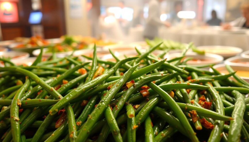 A bountiful display of unique flavors at a Chinese buffet, showcasing a vibrant array of crisp, fresh green beans. In the foreground, the beans glisten under warm, diffused lighting, their deep emerald hues complemented by a medley of savory seasonings. The middle ground reveals an assortment of tantalizing sauces and spices, each adding a distinct twist to the humble vegetable. In the background, a glimpse of the bustling buffet setting, with its lively atmosphere and the promise of a culinary adventure. The image captures the essence of what makes Chinese buffet green beans so unique - a harmonious blend of traditional flavors, modern interpretations, and the excitement of discovering new taste sensations. A bountiful display of unique flavors at a Chinese buffet, showcasing a vibrant array of crisp, fresh green beans. In the foreground, the beans glisten under warm, diffused lighting, their deep emerald hues complemented by a medley of savory seasonings. The middle ground reveals an assortment of tantalizing sauces and spices, each adding a distinct twist to the humble vegetable. In the background, a glimpse of the bustling buffet setting, with its lively atmosphere and the promise of a culinary adventure. The image captures the essence of what makes Chinese buffet green beans so unique - a harmonious blend of traditional flavors, modern interpretations, and the excitement of discovering new taste sensations.