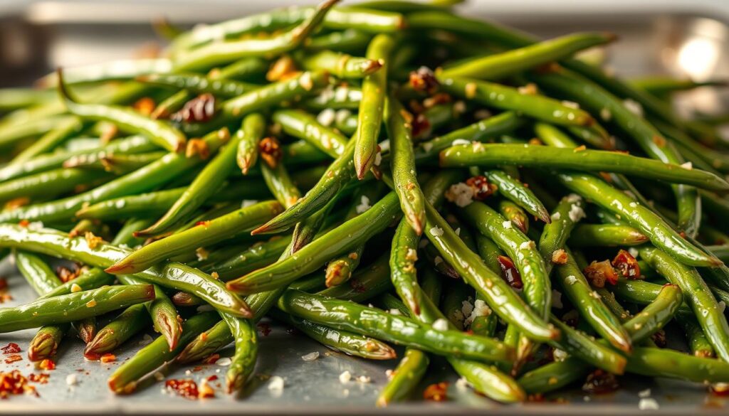 A bountiful pile of freshly roasted green beans, their vibrant hues glistening under the warm glow of a softly diffused lighting setup. The beans, lightly tossed in a mouthwatering blend of olive oil, garlic, and a dusting of Parmesan cheese, exude an inviting aroma that beckons the senses. In the foreground, the beans are arranged in an artful, slightly scattered composition, casting subtle shadows that add depth and dimension to the frame. The middle ground showcases a gleaming metal baking sheet, its reflective surface enhancing the visual appeal. The background fades into a softly blurred, neutral tone, allowing the star of the dish to take center stage. This meticulously crafted image captures the essence of a delectable, must-try side dish - roasted green beans elevated with the perfect balance of flavors and textures. A bountiful pile of freshly roasted green beans, their vibrant hues glistening under the warm glow of a softly diffused lighting setup. The beans, lightly tossed in a mouthwatering blend of olive oil, garlic, and a dusting of Parmesan cheese, exude an inviting aroma that beckons the senses. In the foreground, the beans are arranged in an artful, slightly scattered composition, casting subtle shadows that add depth and dimension to the frame. The middle ground showcases a gleaming metal baking sheet, its reflective surface enhancing the visual appeal. The background fades into a softly blurred, neutral tone, allowing the star of the dish to take center stage. This meticulously crafted image captures the essence of a delectable, must-try side dish - roasted green beans elevated with the perfect balance of flavors and textures.