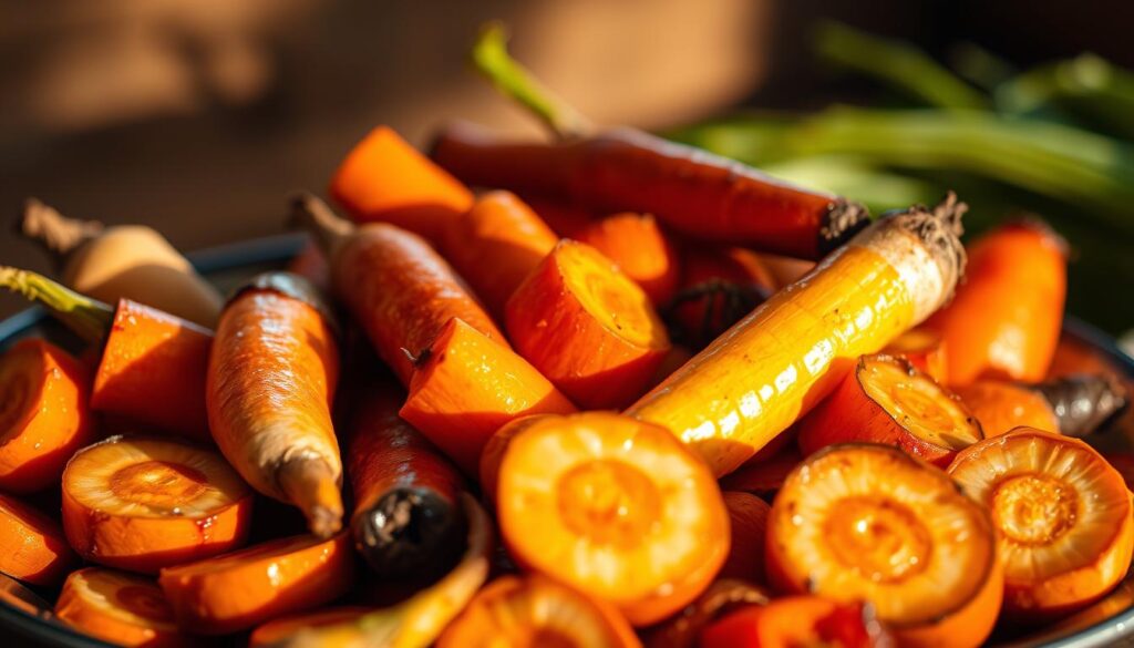 A bountiful plate of freshly roasted turnips and carrots, their vibrant hues glistening under soft, warm lighting. The vegetables are arranged in an artful, almost sculptural manner, casting gentle shadows that create depth and dimensionality. The foreground is in sharp focus, drawing the viewer's attention to the caramelized edges and tender centers of the roasted roots. The background is slightly blurred, creating a sense of serene, rustic atmosphere, evoking a cozy, homemade meal. The overall mood is one of comforting, earthy abundance, inviting the viewer to savor the simple pleasures of this humble, yet delicious dish.