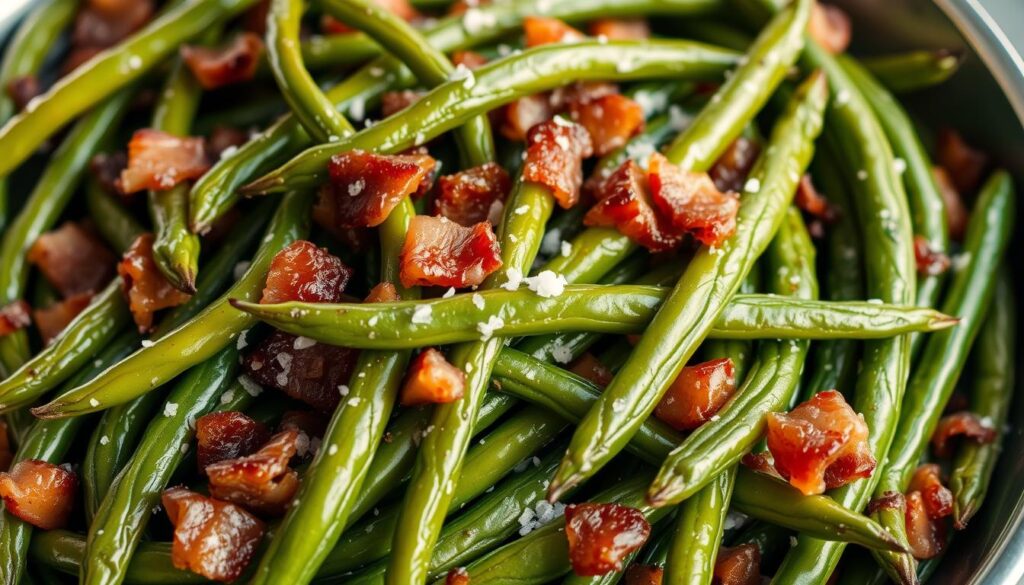 A bountiful platter of freshly harvested southern green beans, perfectly cooked to tender-crisp perfection, nestled amongst sizzling bacon pieces and a sprinkle of kosher salt. The green beans glisten under soft, warm lighting, casting gentle shadows that accentuate their vibrant hue. The arrangement is simple yet elegant, inviting the viewer to envision the comforting, homey aroma and satisfying crunch of this classic southern side dish. The composition is balanced, drawing the eye to the neatly arranged beans and highlighting their natural beauty against a subtly blurred background, creating a sense of depth and focus. A bountiful platter of freshly harvested southern green beans, perfectly cooked to tender-crisp perfection, nestled amongst sizzling bacon pieces and a sprinkle of kosher salt. The green beans glisten under soft, warm lighting, casting gentle shadows that accentuate their vibrant hue. The arrangement is simple yet elegant, inviting the viewer to envision the comforting, homey aroma and satisfying crunch of this classic southern side dish. The composition is balanced, drawing the eye to the neatly arranged beans and highlighting their natural beauty against a subtly blurred background, creating a sense of depth and focus.