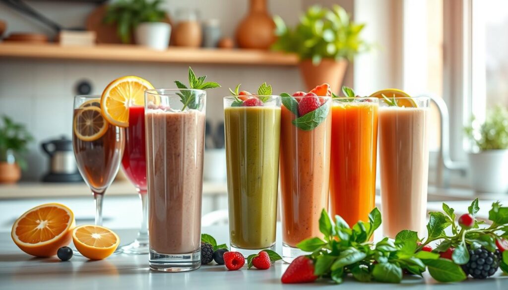 A bright, airy kitchen counter with a variety of freshly blended fruit and vegetable smoothies in tall glasses, garnished with slices of citrus, berries, and leafy greens. Soft natural lighting filters in through a nearby window, casting a warm glow over the scene. The smoothies are vibrant in color, with a thick, creamy texture that invites the viewer to take a sip. In the background, a few plants and kitchen utensils create a cozy, wholesome atmosphere, conveying the idea of a nourishing, homemade treat. A bright, airy kitchen counter with a variety of freshly blended fruit and vegetable smoothies in tall glasses, garnished with slices of citrus, berries, and leafy greens. Soft natural lighting filters in through a nearby window, casting a warm glow over the scene. The smoothies are vibrant in color, with a thick, creamy texture that invites the viewer to take a sip. In the background, a few plants and kitchen utensils create a cozy, wholesome atmosphere, conveying the idea of a nourishing, homemade treat.