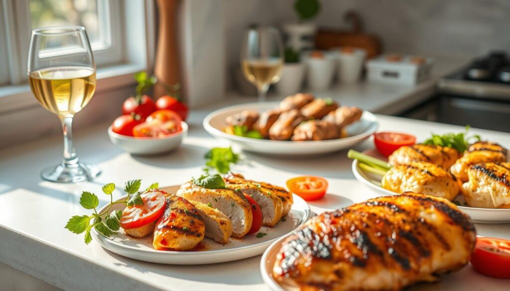 A bright, sunlit kitchen counter with a variety of freshly prepared chicken dishes, including tender tomato basil chicken breasts, grilled chicken skewers, and baked chicken with crispy skin. The dishes are artfully arranged, with fresh herbs, sliced tomatoes, and a glass of white wine in the background. The lighting is soft and natural, highlighting the vibrant colors and textures of the food. The overall atmosphere is one of warmth, simplicity, and culinary inspiration, inviting the viewer to explore and discover new and easy chicken recipes.
