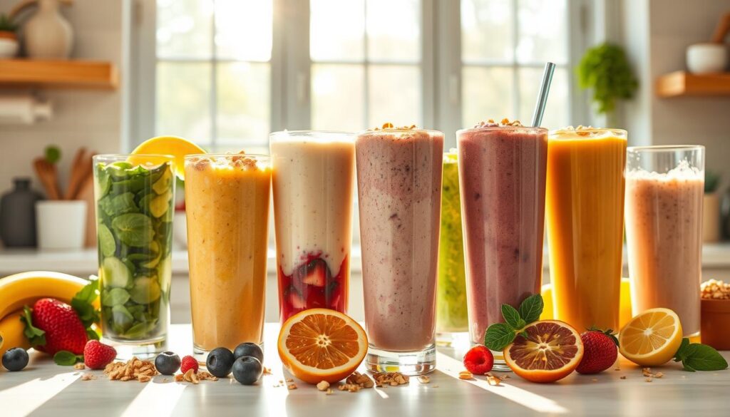 A bright, vibrant kitchen counter filled with a variety of healthy, colorful smoothies in tall glasses. Freshly blended nutrient-rich fruits and vegetables like bananas, spinach, berries, and citrus, swirled with creamy yogurt or milk. Sunlight streams in through large windows, casting a warm, inviting glow over the scene. Chopped nuts, seeds, and a sprinkle of granola adorn the top of the smoothies, adding texture and extra nutrition. The overall mood is one of nourishment, vitality, and a celebration of wholesome goodness - the perfect start to a child's day. A bright, vibrant kitchen counter filled with a variety of healthy, colorful smoothies in tall glasses. Freshly blended nutrient-rich fruits and vegetables like bananas, spinach, berries, and citrus, swirled with creamy yogurt or milk. Sunlight streams in through large windows, casting a warm, inviting glow over the scene. Chopped nuts, seeds, and a sprinkle of granola adorn the top of the smoothies, adding texture and extra nutrition. The overall mood is one of nourishment, vitality, and a celebration of wholesome goodness - the perfect start to a child's day.