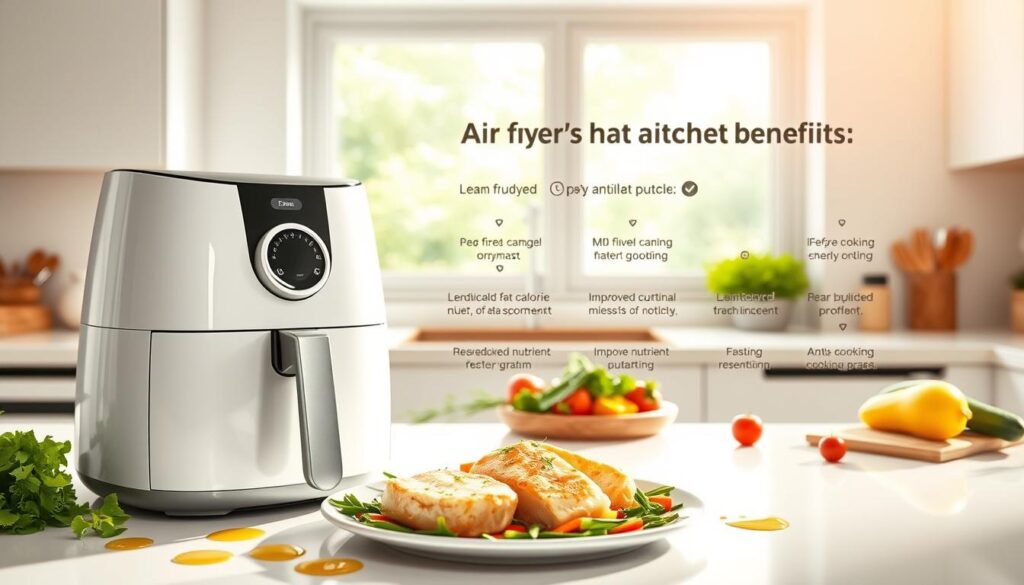 A bright, well-lit kitchen scene showcasing the health benefits of using an air fryer. In the foreground, a sleek, modern air fryer stands prominently on a pristine white countertop. Surrounding it are various fresh, vibrant ingredients like lean cod fillets, crisp vegetables, and a drizzle of olive oil, highlighting the air fryer's ability to create delicious, healthier meals. In the middle ground, a stylized infographic displays key benefits of air frying, such as reduced fat and calorie content, improved nutrient retention, and faster cooking times. The background features a window overlooking a lush, green outdoor setting, creating a serene, health-conscious atmosphere. The lighting is warm and natural, accentuating the kitchen's clean, minimalist aesthetic. A bright, well-lit kitchen scene showcasing the health benefits of using an air fryer. In the foreground, a sleek, modern air fryer stands prominently on a pristine white countertop. Surrounding it are various fresh, vibrant ingredients like lean cod fillets, crisp vegetables, and a drizzle of olive oil, highlighting the air fryer's ability to create delicious, healthier meals. In the middle ground, a stylized infographic displays key benefits of air frying, such as reduced fat and calorie content, improved nutrient retention, and faster cooking times. The background features a window overlooking a lush, green outdoor setting, creating a serene, health-conscious atmosphere. The lighting is warm and natural, accentuating the kitchen's clean, minimalist aesthetic.
