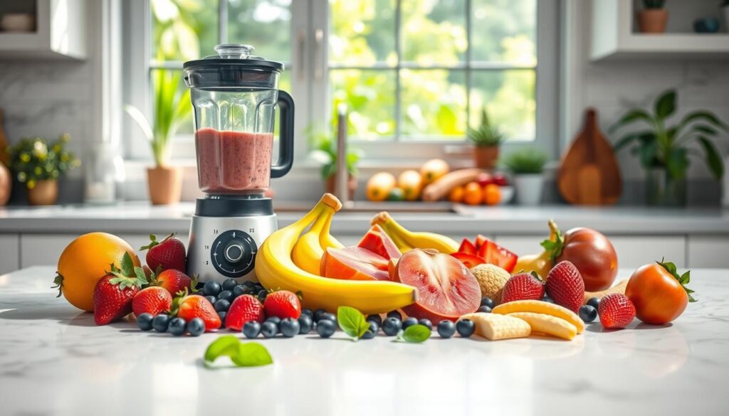 A brightly lit kitchen countertop with a collection of colorful smoothie ingredients. In the foreground, vibrant fruits like strawberries, blueberries, and bananas are arranged artfully. In the middle ground, a high-powered blender stands ready to transform the fresh produce into a nutritious and delicious smoothie. The background features a window overlooking a lush, green garden, casting a soft, natural light across the scene. The overall mood is one of childlike wonder and healthy indulgence, inviting young ones to explore the endless possibilities of smoothie-making. A brightly lit kitchen countertop with a collection of colorful smoothie ingredients. In the foreground, vibrant fruits like strawberries, blueberries, and bananas are arranged artfully. In the middle ground, a high-powered blender stands ready to transform the fresh produce into a nutritious and delicious smoothie. The background features a window overlooking a lush, green garden, casting a soft, natural light across the scene. The overall mood is one of childlike wonder and healthy indulgence, inviting young ones to explore the endless possibilities of smoothie-making.