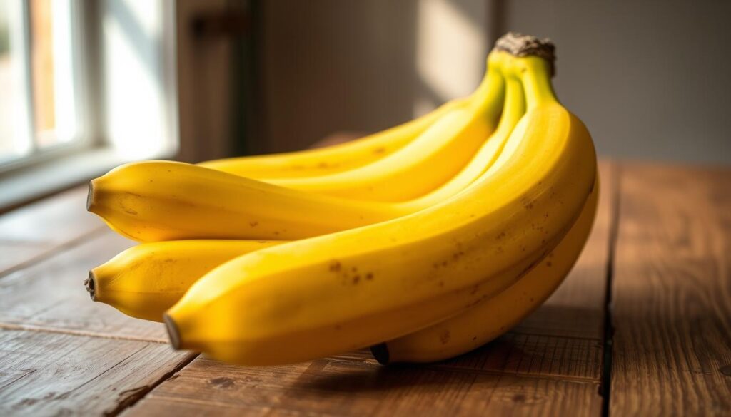 A bunch of ripe, golden bananas resting on a rustic wooden table, with soft, natural lighting filtering through a nearby window. The bananas have a slightly curved silhouette, their peels speckled with brown freckles, signaling their perfect ripeness. The table's weathered surface creates a warm, inviting backdrop, complementing the rich, vibrant color of the fruit. The scene exudes a sense of simplicity and abundance, capturing the essence of the key ingredient for a delicious chocolate chip banana bread. A bunch of ripe, golden bananas resting on a rustic wooden table, with soft, natural lighting filtering through a nearby window. The bananas have a slightly curved silhouette, their peels speckled with brown freckles, signaling their perfect ripeness. The table's weathered surface creates a warm, inviting backdrop, complementing the rich, vibrant color of the fruit. The scene exudes a sense of simplicity and abundance, capturing the essence of the key ingredient for a delicious chocolate chip banana bread.