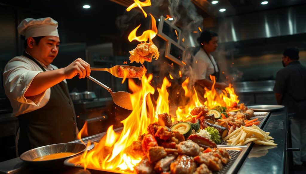 A bustling hibachi grill in a dimly lit restaurant, with a skilled chef expertly maneuvering a spatula and tossing ingredients high into the air, creating a captivating display of culinary theater. The grill is ablaze with dancing flames, casting a warm, golden glow onto the chef's concentrated face and the sizzling food. In the foreground, shimmering droplets of oil and sauce create a sense of motion and energy, while the middle ground showcases a variety of fresh vegetables, meats, and rice being tossed and combined with precision. The background features a sleek, modern kitchen setup, with stainless steel appliances and the silhouettes of other chefs working in the background, all contributing to the immersive atmosphere of a traditional Japanese hibachi experience.