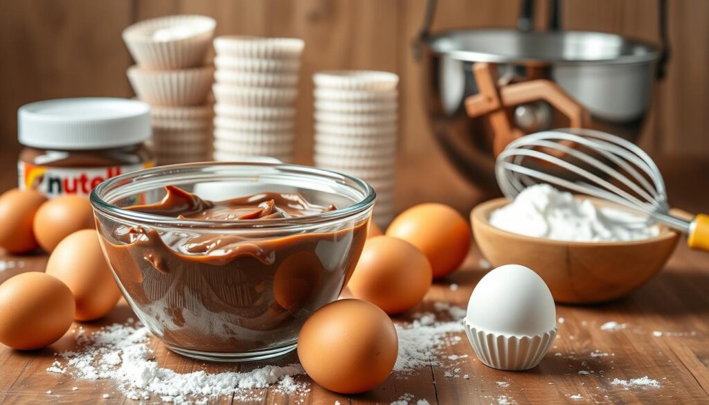 A carefully arranged still life showcasing the ingredients for delectable Nutella muffins. In the foreground, a glass bowl overflows with rich, velvety Nutella, surrounded by fresh eggs, flour, and a whisk. In the middle ground, a stack of baking cups and a mixing bowl hint at the baking process. The background features a wooden table, with a subtle natural light illuminating the scene, creating a warm, inviting atmosphere. The overall composition emphasizes the decadence and homemade charm of these indulgent Nutella treats. A carefully arranged still life showcasing the ingredients for delectable Nutella muffins. In the foreground, a glass bowl overflows with rich, velvety Nutella, surrounded by fresh eggs, flour, and a whisk. In the middle ground, a stack of baking cups and a mixing bowl hint at the baking process. The background features a wooden table, with a subtle natural light illuminating the scene, creating a warm, inviting atmosphere. The overall composition emphasizes the decadence and homemade charm of these indulgent Nutella treats.