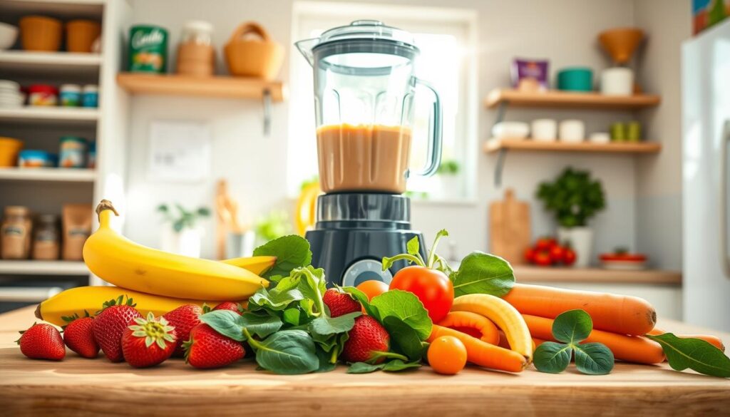 A cheerful and vibrant scene of smoothies for kids, set against a bright, airy kitchen backdrop. In the foreground, a collection of colorful fresh fruits and vegetables, including strawberries, bananas, spinach, and carrots, are artfully arranged on a wooden cutting board. In the middle ground, a high-powered blender whirs, mixing the ingredients into a smooth, creamy concoction, while sunlight streams in through a large window, casting a warm, natural glow. In the background, shelves filled with healthy snacks and kitchen essentials create a welcoming, family-friendly atmosphere. The overall mood is one of nourishment, playfulness, and the joy of sharing a delicious, nutritious treat with little ones. A cheerful and vibrant scene of smoothies for kids, set against a bright, airy kitchen backdrop. In the foreground, a collection of colorful fresh fruits and vegetables, including strawberries, bananas, spinach, and carrots, are artfully arranged on a wooden cutting board. In the middle ground, a high-powered blender whirs, mixing the ingredients into a smooth, creamy concoction, while sunlight streams in through a large window, casting a warm, natural glow. In the background, shelves filled with healthy snacks and kitchen essentials create a welcoming, family-friendly atmosphere. The overall mood is one of nourishment, playfulness, and the joy of sharing a delicious, nutritious treat with little ones.