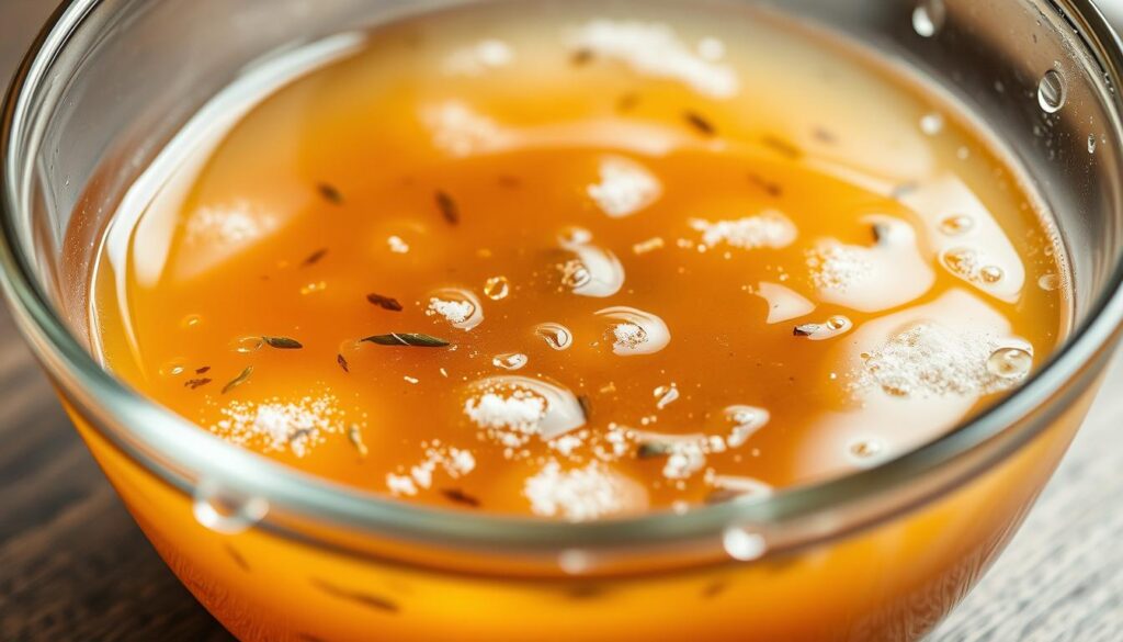 A clear glass bowl filled with a translucent amber liquid, reflecting soft natural light. The surface of the brine gently ripples, revealing the intricate interplay of salt, sugar, and aromatic herbs suspended within. Droplets of condensation cling to the sides, hinting at the cool, refreshing nature of the solution. The scene is captured in a soft, subdued palette, evoking a sense of culinary craftsmanship and the subtle complexity of the brining process. The overall composition suggests the importance of this crucial preparatory step in achieving the perfect smoked salmon flavor. A clear glass bowl filled with a translucent amber liquid, reflecting soft natural light. The surface of the brine gently ripples, revealing the intricate interplay of salt, sugar, and aromatic herbs suspended within. Droplets of condensation cling to the sides, hinting at the cool, refreshing nature of the solution. The scene is captured in a soft, subdued palette, evoking a sense of culinary craftsmanship and the subtle complexity of the brining process. The overall composition suggests the importance of this crucial preparatory step in achieving the perfect smoked salmon flavor.