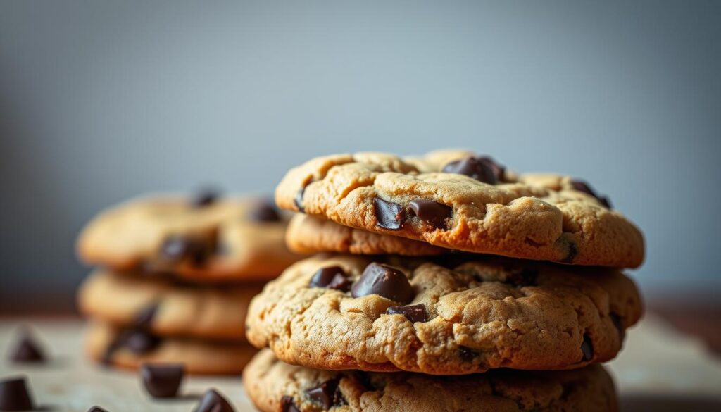 A close-up, high-quality photograph of a stack of freshly baked chocolate chunk cookies, with a warm, inviting appearance. The cookies should have a golden-brown crust, visible chocolate chunks, and a soft, gooey interior. Soft, diffused lighting illuminates the scene, creating a cozy and appetizing atmosphere. The image should be captured from a slightly elevated angle, allowing the viewer to see the texture and detail of the cookies. The background should be clean and minimalist, with a focus on the cookies themselves, showcasing their delicious and nourishing benefits. A close-up, high-quality photograph of a stack of freshly baked chocolate chunk cookies, with a warm, inviting appearance. The cookies should have a golden-brown crust, visible chocolate chunks, and a soft, gooey interior. Soft, diffused lighting illuminates the scene, creating a cozy and appetizing atmosphere. The image should be captured from a slightly elevated angle, allowing the viewer to see the texture and detail of the cookies. The background should be clean and minimalist, with a focus on the cookies themselves, showcasing their delicious and nourishing benefits.