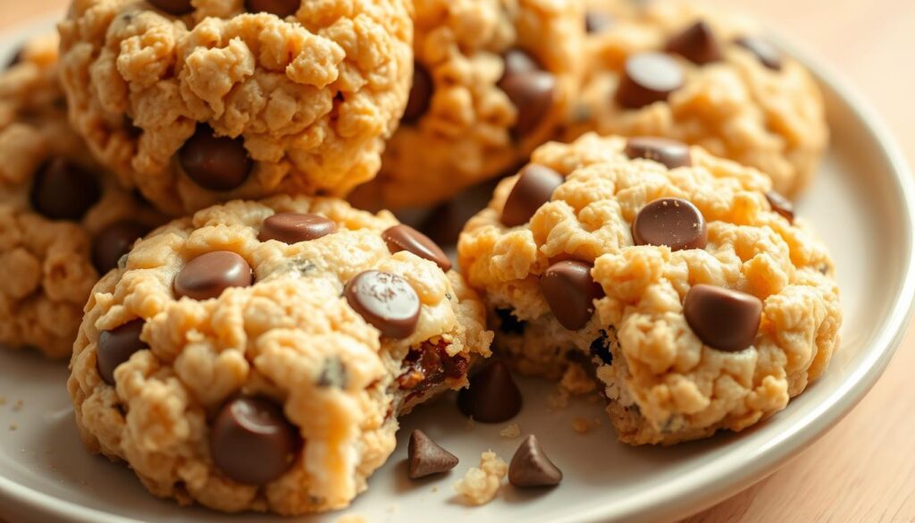 A close-up of a plate of freshly baked chocolate chip rice krispie cookies. The cookies have a golden-brown crunchy exterior and a soft, chewy interior with gooey pockets of melted chocolate chips. The cookies are arranged in a casual, appetizing manner, with some crumbs and a few stray chocolate chips scattered around the plate. The lighting is warm and natural, casting a soft glow on the cookies and highlighting their inviting texture. The background is slightly blurred, providing a clean and simple focus on the delicious treats. The overall mood is comforting, homemade, and sure to make anyone's mouth water. A close-up of a plate of freshly baked chocolate chip rice krispie cookies. The cookies have a golden-brown crunchy exterior and a soft, chewy interior with gooey pockets of melted chocolate chips. The cookies are arranged in a casual, appetizing manner, with some crumbs and a few stray chocolate chips scattered around the plate. The lighting is warm and natural, casting a soft glow on the cookies and highlighting their inviting texture. The background is slightly blurred, providing a clean and simple focus on the delicious treats. The overall mood is comforting, homemade, and sure to make anyone's mouth water.