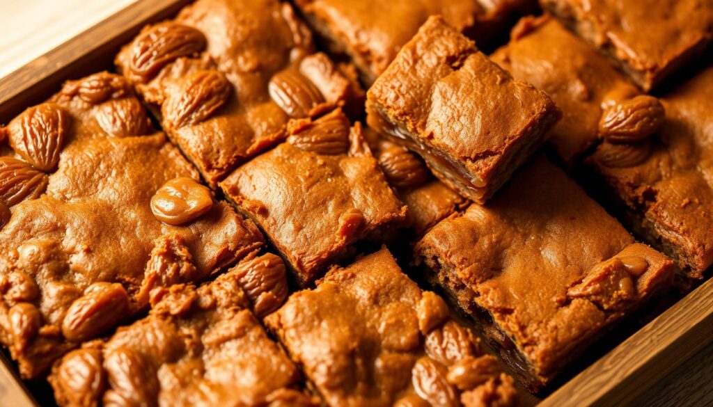 A close-up of a tray of old-fashioned date bars, freshly baked and glistening with a golden-brown crust. The bars are neatly arranged, showcasing their dense, chewy texture and the sweet, sticky date filling oozing from the center. Warm, soft lighting casts a cozy, inviting glow, highlighting the rustic, homemade appearance of the bars. The wooden tray is set against a simple, neutral background, allowing the focus to remain on the delectable dessert. The overall scene evokes a sense of nostalgia and comfort, perfectly capturing the essence of a classic, time-honored recipe. A close-up of a tray of old-fashioned date bars, freshly baked and glistening with a golden-brown crust. The bars are neatly arranged, showcasing their dense, chewy texture and the sweet, sticky date filling oozing from the center. Warm, soft lighting casts a cozy, inviting glow, highlighting the rustic, homemade appearance of the bars. The wooden tray is set against a simple, neutral background, allowing the focus to remain on the delectable dessert. The overall scene evokes a sense of nostalgia and comfort, perfectly capturing the essence of a classic, time-honored recipe.