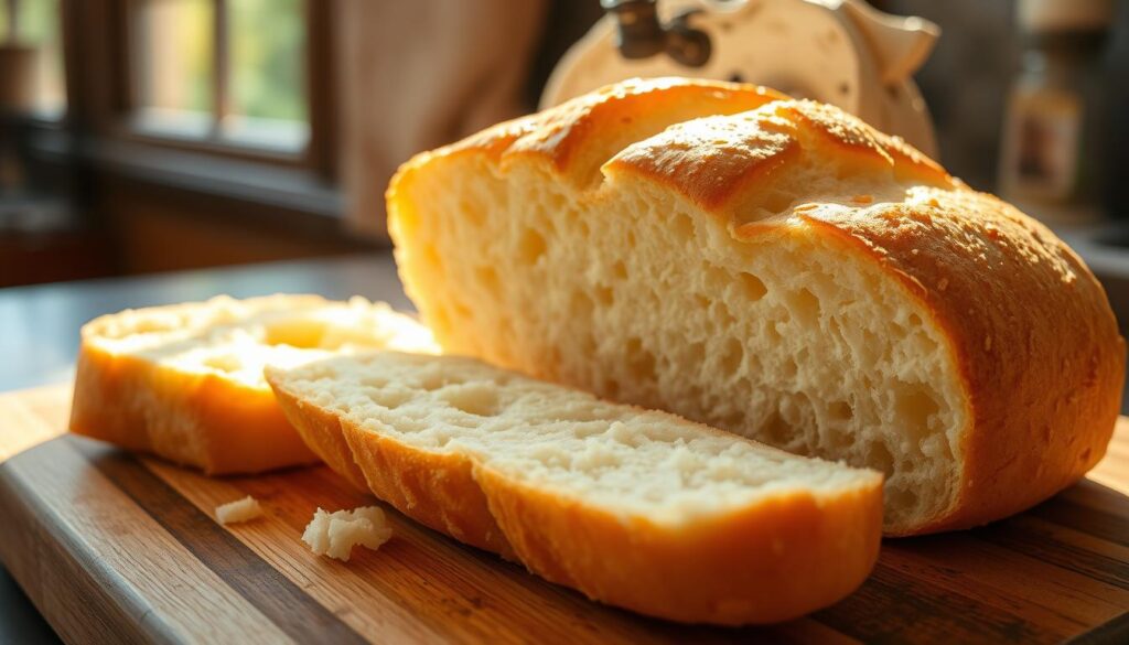 A close-up of freshly baked stovetop bread, steaming and golden-brown, resting on a rustic wooden cutting board. The bread's fluffy interior is revealed as a slice is gently torn apart, showcasing the soft, pillowy texture. Warm rays of sunlight stream through a window, casting a cozy glow and highlighting the intricate patterns of the bread's crust. The scene exudes a comforting, homemade atmosphere, inviting the viewer to imagine the delicious aroma and satisfying taste of this no-oven, easy-to-prepare bread. A close-up of freshly baked stovetop bread, steaming and golden-brown, resting on a rustic wooden cutting board. The bread's fluffy interior is revealed as a slice is gently torn apart, showcasing the soft, pillowy texture. Warm rays of sunlight stream through a window, casting a cozy glow and highlighting the intricate patterns of the bread's crust. The scene exudes a comforting, homemade atmosphere, inviting the viewer to imagine the delicious aroma and satisfying taste of this no-oven, easy-to-prepare bread.
