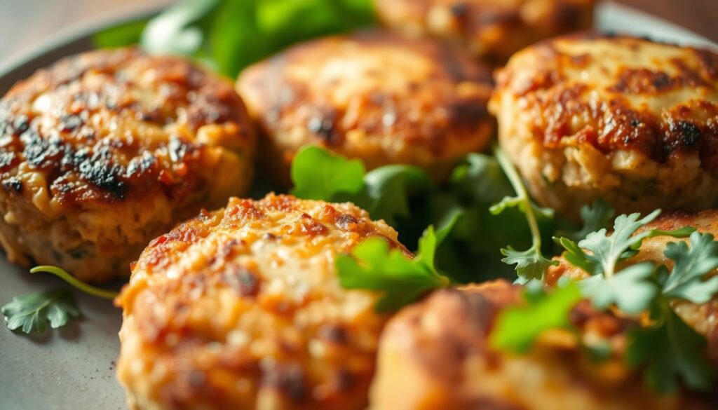 A close-up of freshly cooked, golden-brown tuna patties, glistening with a light crisp on the outside and tender flavorful tuna on the inside. In the foreground, the patties are arranged neatly on a neutral-colored plate, with a soft focus on the delicate texture and mouthwatering appearance. The middle ground features a backdrop of fresh greens, such as spinach or arugula, complementing the tuna and adding a hint of vibrant color. Soft, diffused lighting casts a warm glow, creating a sense of appetizing appeal and highlighting the nutritional benefits of this protein-rich dish. The overall mood is one of wholesome, healthy indulgence, inviting the viewer to imagine the taste and texture of these delectable tuna patties. A close-up of freshly cooked, golden-brown tuna patties, glistening with a light crisp on the outside and tender flavorful tuna on the inside. In the foreground, the patties are arranged neatly on a neutral-colored plate, with a soft focus on the delicate texture and mouthwatering appearance. The middle ground features a backdrop of fresh greens, such as spinach or arugula, complementing the tuna and adding a hint of vibrant color. Soft, diffused lighting casts a warm glow, creating a sense of appetizing appeal and highlighting the nutritional benefits of this protein-rich dish. The overall mood is one of wholesome, healthy indulgence, inviting the viewer to imagine the taste and texture of these delectable tuna patties.