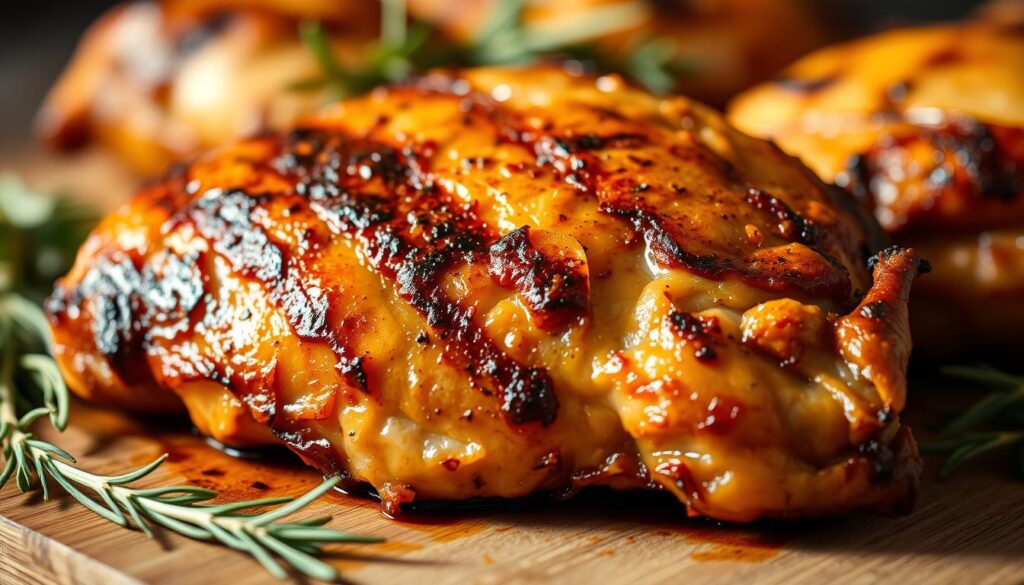 A close-up photo of a juicy, golden-brown grilled chicken thigh. The skin is crispy and glistening with flavorful marinade. The thigh is laid atop a cutting board, surrounded by fresh herbs like rosemary and thyme. Warm, directional lighting casts subtle shadows, highlighting the tender, succulent meat. The image has a shallow depth of field, blurring the background to focus the viewer's attention on the mouthwatering chicken. The overall mood is rustic, appetizing, and inviting, perfectly capturing the essence of a delicious grilled chicken dish.