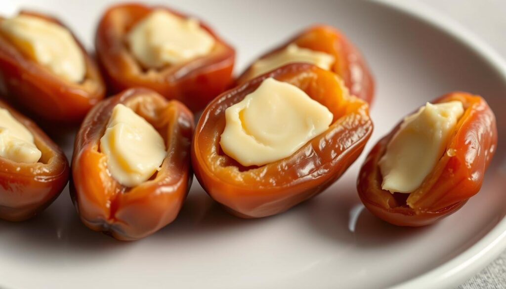 A close-up photo of several golden-brown dates, each one carefully sliced open and stuffed with a generous dollop of rich, creamy butter. The dates are arranged on a simple white ceramic plate, their vibrant orange-red skins contrasting beautifully with the pale yellow butter. Soft, indirect lighting from the side illuminates the plump, glistening flesh of the dates, casting gentle shadows that accentuate their alluring curves. The overall composition is clean, minimalist, and appetizing, inviting the viewer to imagine the indulgent flavors and textures of this delectable snack.
