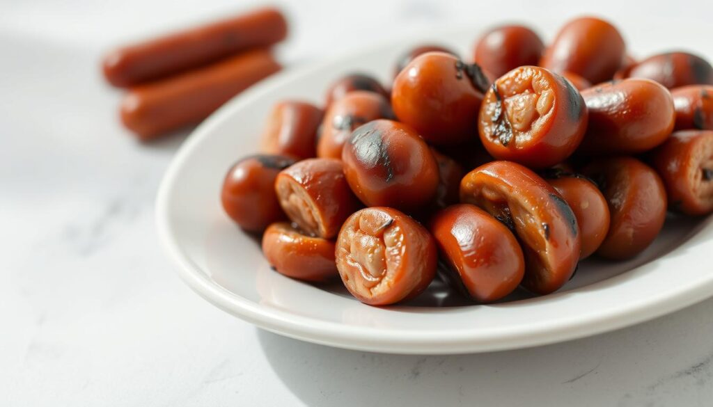 A close-up photorealistic image of a plate filled with bite-sized smoked pork sausages, known as "Little Smokies". The sausages are nestled on a white ceramic plate, showcasing their plump, juicy texture and slightly charred outer skin. The lighting is soft and natural, casting gentle shadows that accentuate the contours of the sausages. The background is clean and uncluttered, allowing the Little Smokies to be the sole focus of the image. The overall mood is appetizing and inviting, capturing the essence of the "What Are Little Smokies?" section in a visually compelling way. A close-up photorealistic image of a plate filled with bite-sized smoked pork sausages, known as "Little Smokies". The sausages are nestled on a white ceramic plate, showcasing their plump, juicy texture and slightly charred outer skin. The lighting is soft and natural, casting gentle shadows that accentuate the contours of the sausages. The background is clean and uncluttered, allowing the Little Smokies to be the sole focus of the image. The overall mood is appetizing and inviting, capturing the essence of the "What Are Little Smokies?" section in a visually compelling way.