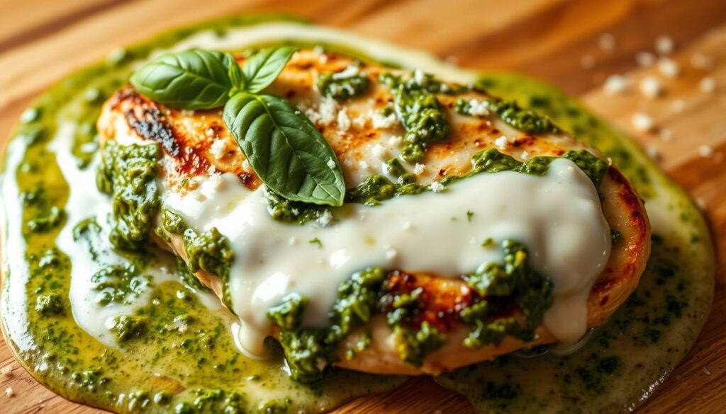 A close-up shot of a creamy, pesto-coated chicken breast, beautifully seared and resting on a wooden cutting board. The chicken is nestled in a vibrant green pesto sauce, with swirls of cream gently blending into the mixture. Grated Parmesan cheese and a scattering of fresh basil leaves adorn the dish, adding texture and depth. Warm, directional lighting casts a soft, appetizing glow, highlighting the succulent juices and the rich, velvety texture of the pesto. The image exudes an irresistible aroma and a sense of culinary delight, perfectly capturing the essence of the "Creamy Pesto Chicken" dish.