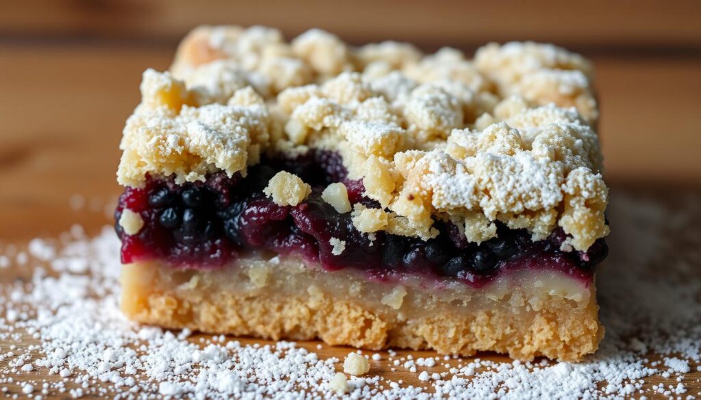 A close-up shot of a freshly baked blackberry crumb bar, its golden-brown crust dusted with a light coating of powdered sugar. The buttery, crumbly topping encases a layer of glistening, deep purple blackberry filling, the berries bursting with juicy sweetness. The bar is set against a rustic wooden background, with soft, diffused lighting highlighting the textural details. The overall composition conveys a sense of homemade comfort and indulgence, inviting the viewer to imagine the satisfying flavors and aromas of this classic dessert. A close-up shot of a freshly baked blackberry crumb bar, its golden-brown crust dusted with a light coating of powdered sugar. The buttery, crumbly topping encases a layer of glistening, deep purple blackberry filling, the berries bursting with juicy sweetness. The bar is set against a rustic wooden background, with soft, diffused lighting highlighting the textural details. The overall composition conveys a sense of homemade comfort and indulgence, inviting the viewer to imagine the satisfying flavors and aromas of this classic dessert.