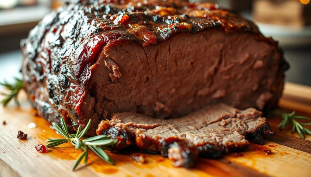 A close-up shot of a freshly carved, mouthwatering oven-roasted brisket, glistening with caramelized edges and a rich, mahogany-colored crust. The brisket is nestled on a wooden cutting board, surrounded by a few sprigs of aromatic rosemary. Beams of soft, warm lighting illuminate the tender, juicy meat, showcasing its succulent texture. The image evokes the comforting aroma of slow-cooked, savory perfection, inviting the viewer to imagine the satisfying flavors and the perfect pairing with classic sides. A close-up shot of a freshly carved, mouthwatering oven-roasted brisket, glistening with caramelized edges and a rich, mahogany-colored crust. The brisket is nestled on a wooden cutting board, surrounded by a few sprigs of aromatic rosemary. Beams of soft, warm lighting illuminate the tender, juicy meat, showcasing its succulent texture. The image evokes the comforting aroma of slow-cooked, savory perfection, inviting the viewer to imagine the satisfying flavors and the perfect pairing with classic sides.
