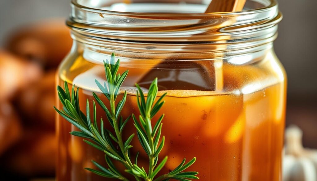 A close-up shot of a glass jar filled with a rich, golden-brown chicken marinade. The liquid glistens under warm, soft lighting, casting gentle shadows across the jar's surface. In the foreground, fresh herbs like rosemary, thyme, and garlic cloves are partially submerged, adding depth and complexity to the marinade's aroma. The middle ground features a wooden spoon dipped into the marinade, hinting at the flavorful preparation process. The background is blurred, creating a sense of focus and emphasizing the star of the image - the delectable, homemade chicken marinade. A close-up shot of a glass jar filled with a rich, golden-brown chicken marinade. The liquid glistens under warm, soft lighting, casting gentle shadows across the jar's surface. In the foreground, fresh herbs like rosemary, thyme, and garlic cloves are partially submerged, adding depth and complexity to the marinade's aroma. The middle ground features a wooden spoon dipped into the marinade, hinting at the flavorful preparation process. The background is blurred, creating a sense of focus and emphasizing the star of the image - the delectable, homemade chicken marinade.