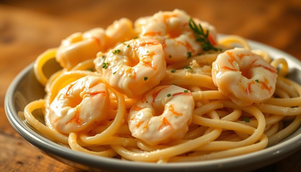 A close-up shot of a plate of creamy shrimp alfredo pasta. The shrimp are plump, succulent, and coated in a rich, velvety Parmesan-infused cream sauce. The fettuccine noodles are perfectly al dente, twirled around the shrimp in an elegant arrangement. Soft lighting from the side casts a warm, inviting glow, highlighting the dish's luxurious texture and vibrant colors. The background is blurred, placing the focus entirely on the captivating, mouthwatering shrimp alfredo. The entire scene exudes an atmosphere of indulgence and comforting, Italian-inspired culinary delight.