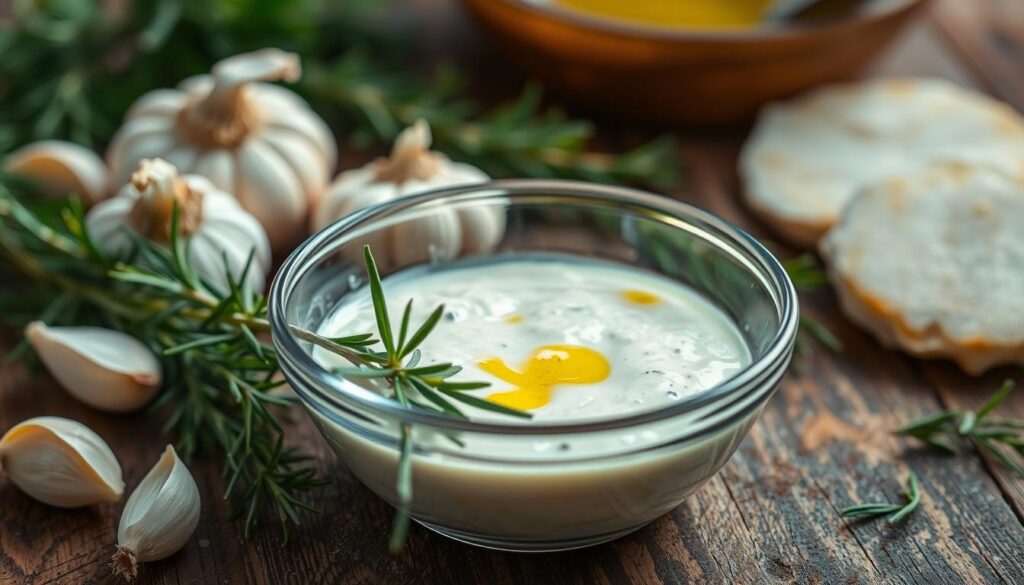 A close-up shot of a rustic wooden surface, with a shallow depth of field. In the foreground, a glass bowl filled with a creamy, fragrant marinade. Fresh garlic cloves, vibrant green herbs like rosemary and thyme, and a drizzle of olive oil create a visually appealing and appetizing composition. The lighting is soft and natural, casting gentle shadows and highlighting the textural details of the ingredients. The overall mood is warm, inviting, and evocative of homemade, wholesome cooking.