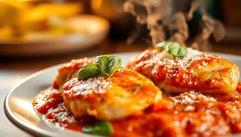 A close-up shot of a steaming plate of chicken pomodoro, the succulent chicken breasts nestled in a rich, vibrant tomato sauce, garnished with fresh basil leaves and a dusting of grated parmesan. The lighting is warm and inviting, casting a golden glow on the dish, accentuating the juicy texture of the chicken and the vibrant hues of the sauce. The image is captured at a slight angle, giving a sense of depth and making the dish appear appetizing and irresistible. The background is gently blurred, allowing the main subject to take center stage and captivate the viewer's attention. A close-up shot of a steaming plate of chicken pomodoro, the succulent chicken breasts nestled in a rich, vibrant tomato sauce, garnished with fresh basil leaves and a dusting of grated parmesan. The lighting is warm and inviting, casting a golden glow on the dish, accentuating the juicy texture of the chicken and the vibrant hues of the sauce. The image is captured at a slight angle, giving a sense of depth and making the dish appear appetizing and irresistible. The background is gently blurred, allowing the main subject to take center stage and captivate the viewer's attention.