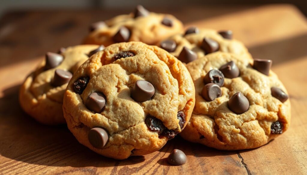 A close-up shot of freshly baked brown butter chocolate chip cookies, arranged artfully on a rustic wooden surface. The cookies have a golden-brown hue, with melted chocolate chips oozing out from the edges. The lighting is warm and natural, casting soft shadows that accentuate the cookies' inviting texture. The scene exudes a cozy, homemade atmosphere, hinting at the rich, nutty aroma of the brown butter and the decadent flavors within. The background is blurred, allowing the focus to remain solely on the tempting, mouthwatering cookies. A close-up shot of freshly baked brown butter chocolate chip cookies, arranged artfully on a rustic wooden surface. The cookies have a golden-brown hue, with melted chocolate chips oozing out from the edges. The lighting is warm and natural, casting soft shadows that accentuate the cookies' inviting texture. The scene exudes a cozy, homemade atmosphere, hinting at the rich, nutty aroma of the brown butter and the decadent flavors within. The background is blurred, allowing the focus to remain solely on the tempting, mouthwatering cookies.