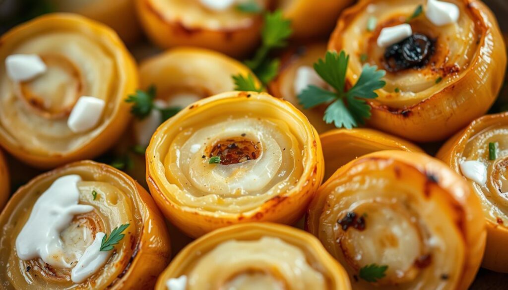 A close-up shot of freshly roasted turnips, their golden-brown exteriors glistening in the soft, warm lighting. The turnips are halved, revealing a creamy, tender interior, subtly infused with the robust flavors of garlic and a rich, tangy ranch dressing. The arrangement is artfully composed, with a few scattered sprigs of fresh parsley adding a pop of verdant color and a touch of herbaceous freshness. The overall mood is inviting and appetizing, conveying the comforting and flavorful nature of this dish.
