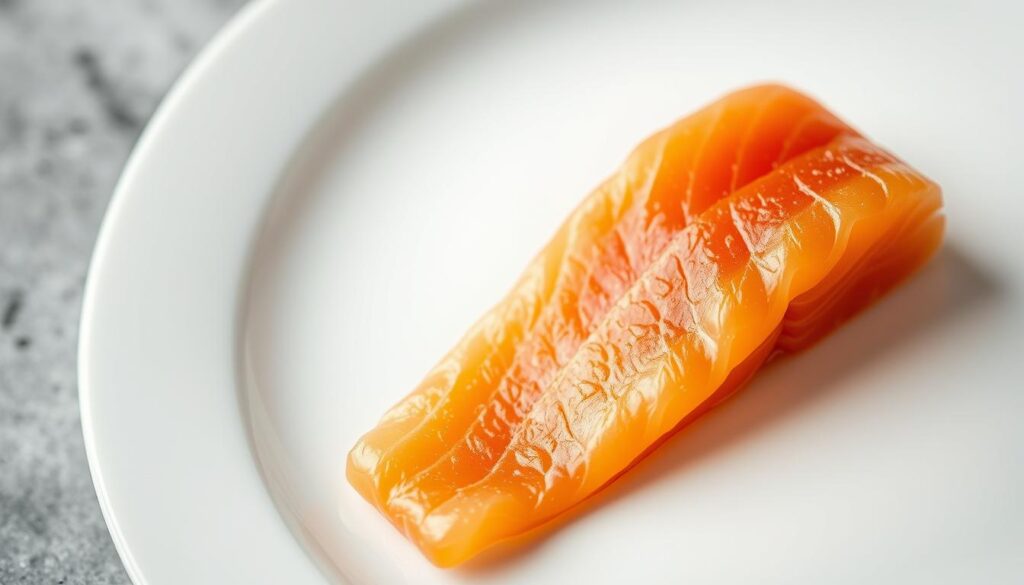 A close-up view of a beautifully arranged plate showcasing a delicate slice of smoked salmon. The salmon glistens with a rich, deep orange hue, accentuated by the warm, golden-brown edges. Delicate strands of the fish's flaky texture are visible, inviting the viewer to imagine its tender, buttery mouthfeel. The salmon is strategically placed atop a crisp, white background, allowing its natural beauty to take center stage. Soft, diffused lighting casts a gentle, almost ethereal glow on the subject, creating a sense of elegance and sophistication. The overall composition emphasizes the refined, artisanal nature of smoked salmon, conveying its status as a culinary delicacy. A close-up view of a beautifully arranged plate showcasing a delicate slice of smoked salmon. The salmon glistens with a rich, deep orange hue, accentuated by the warm, golden-brown edges. Delicate strands of the fish's flaky texture are visible, inviting the viewer to imagine its tender, buttery mouthfeel. The salmon is strategically placed atop a crisp, white background, allowing its natural beauty to take center stage. Soft, diffused lighting casts a gentle, almost ethereal glow on the subject, creating a sense of elegance and sophistication. The overall composition emphasizes the refined, artisanal nature of smoked salmon, conveying its status as a culinary delicacy.