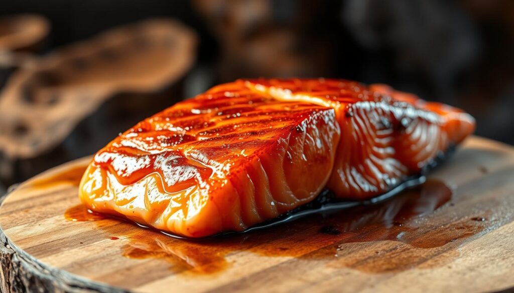 A close-up view of a freshly smoked salmon fillet, glistening with a caramelized glaze and revealing a delicate, flaky texture. The salmon is placed on a rustic wooden board, surrounded by a softly blurred background of smoky hues and natural textures, evoking the cozy ambiance of a traditional smokehouse. Warm, directional lighting casts subtle shadows, highlighting the intricate patterns and rich, vibrant colors of the fish. The overall composition conveys the artisanal craftsmanship and mouthwatering appeal of expertly smoked salmon. A close-up view of a freshly smoked salmon fillet, glistening with a caramelized glaze and revealing a delicate, flaky texture. The salmon is placed on a rustic wooden board, surrounded by a softly blurred background of smoky hues and natural textures, evoking the cozy ambiance of a traditional smokehouse. Warm, directional lighting casts subtle shadows, highlighting the intricate patterns and rich, vibrant colors of the fish. The overall composition conveys the artisanal craftsmanship and mouthwatering appeal of expertly smoked salmon.